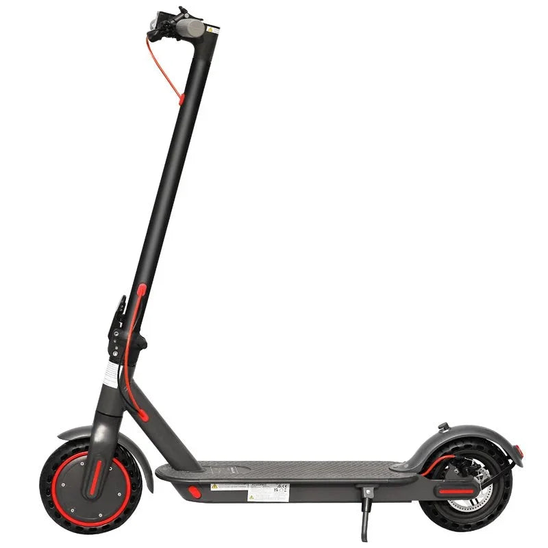 black electric scooter with red accents, side view on white background