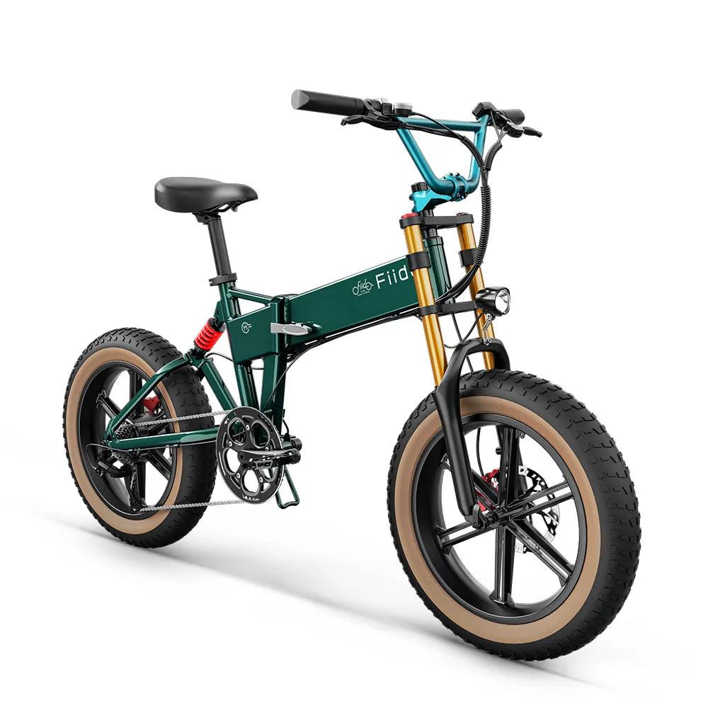 Fiido M1 Pro electric bike in green with fat tires, side front angle view