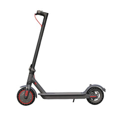 black electric scooter with red accents side view on white background