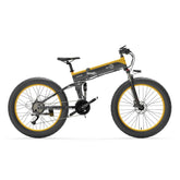 Bezior X1500 electric bike in gray and yellow, side view with fat tires and foldable frame
