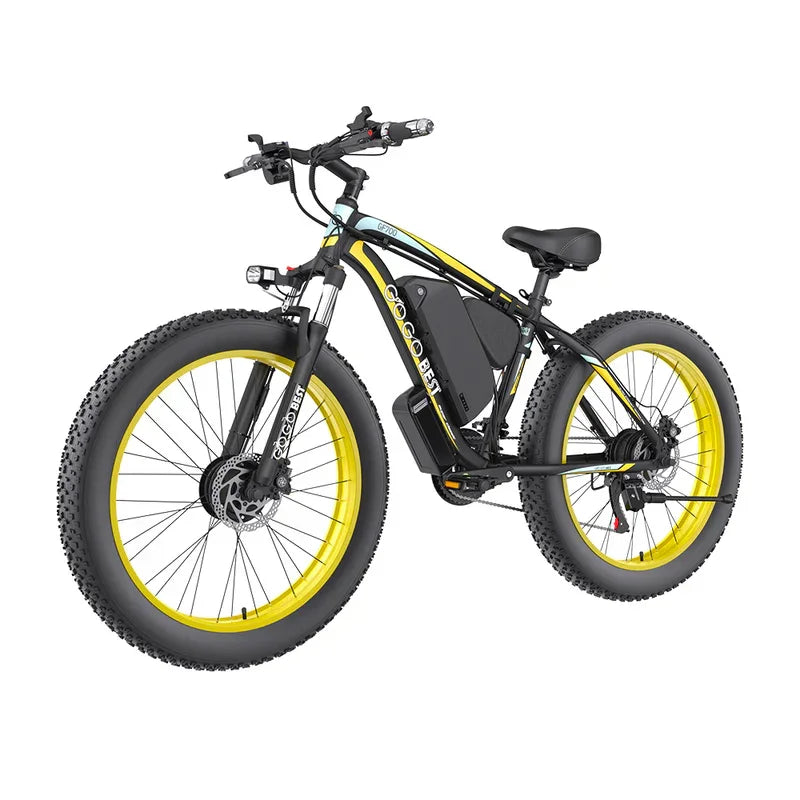 GOGOBEST GF700 electric bike black with yellow wheels, side view, showing fat tires