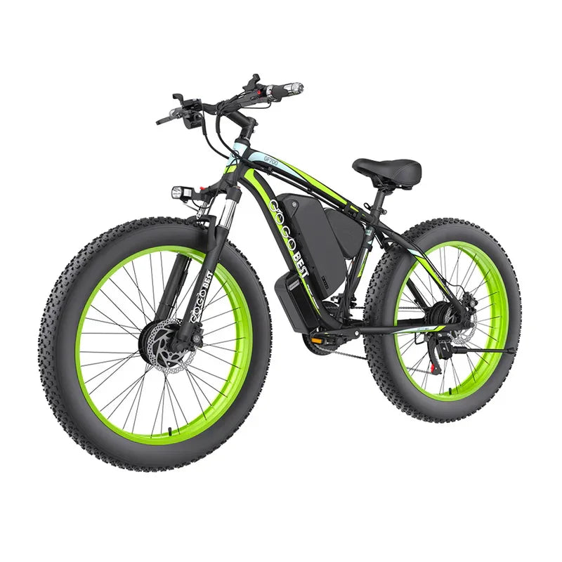 GOGOBEST electric bike black with neon green rims side view, fat tires, mountain style