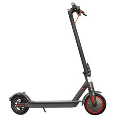 Black electric scooter with red accents, side view on white background