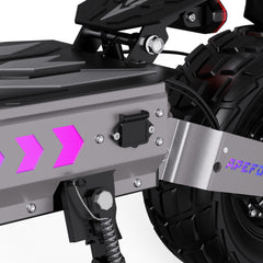 Close-up of a APEFOX T90 Dual Drive vehicle's rear wheel and suspension system with visible branding.