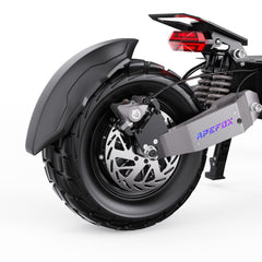 Close-up of a APEFOX T90 Dual Drive Electric Scooter wheel with visible brand logo on a white background