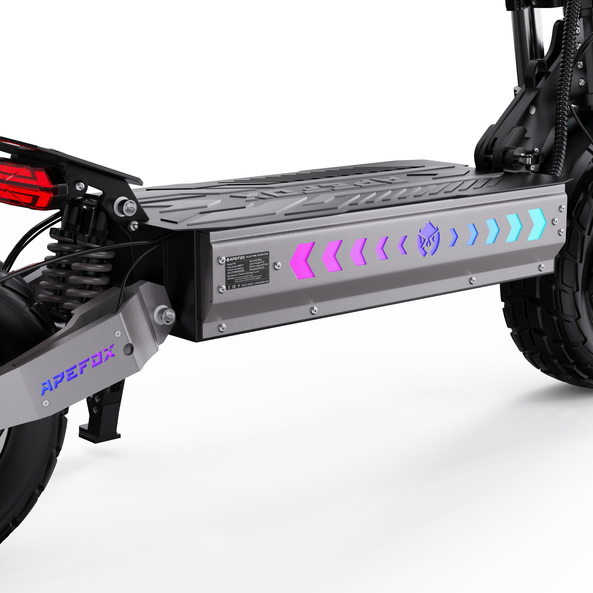 Close-up of an APEFOX T90 Dual Drive Electric Scooter with visible branding on a white background