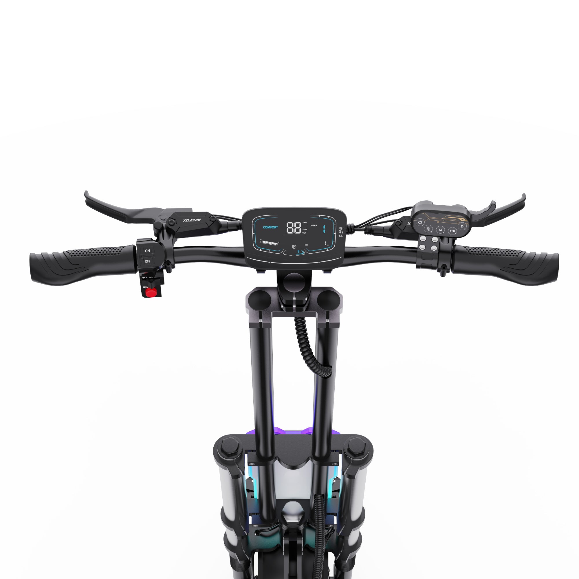Close-up of a APEFOX T90 Dual Drive Electric Scooter handlebar with digital display on a white background