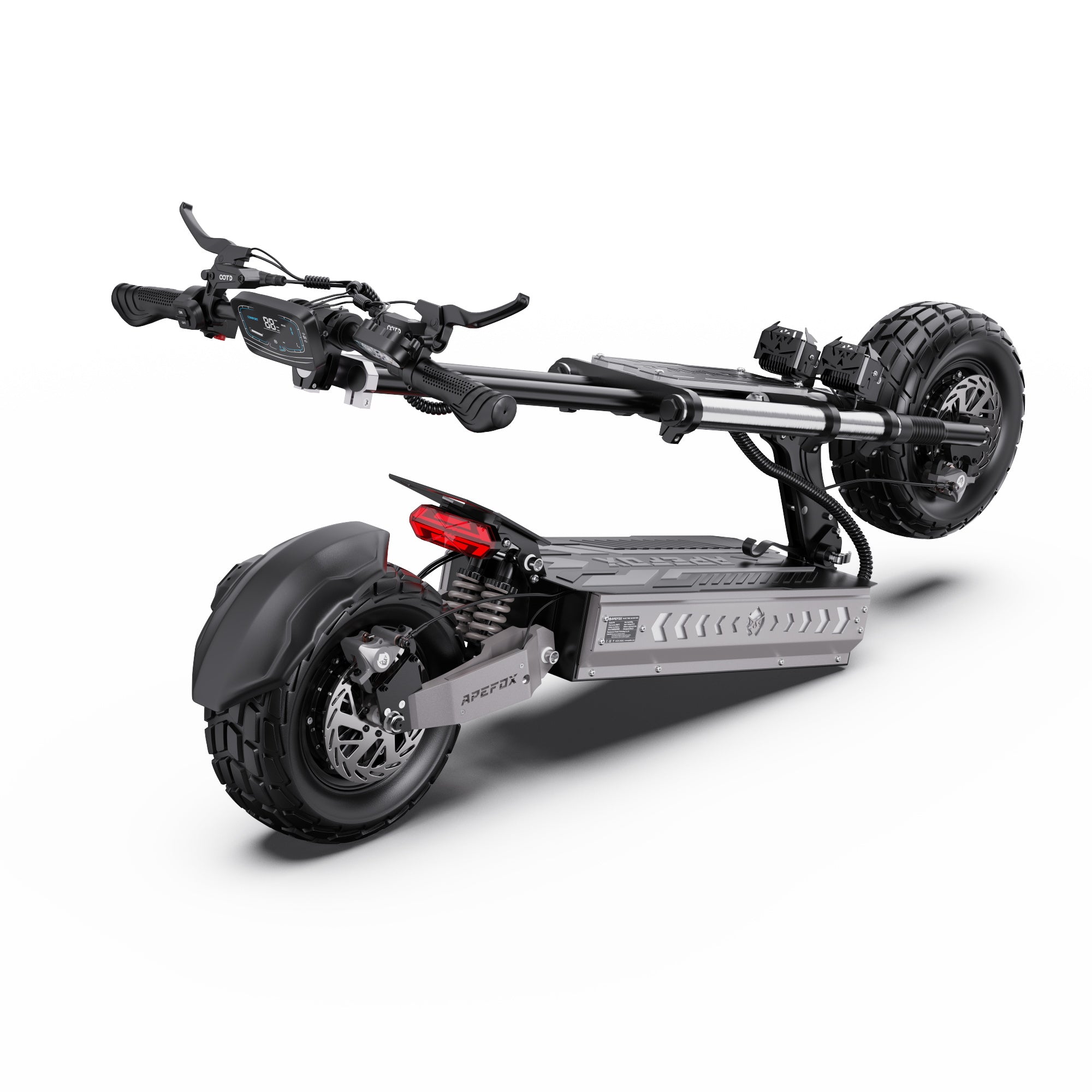 APEFOX T90 Dual Drive Electric Scooter in grey with large wheels on a white background