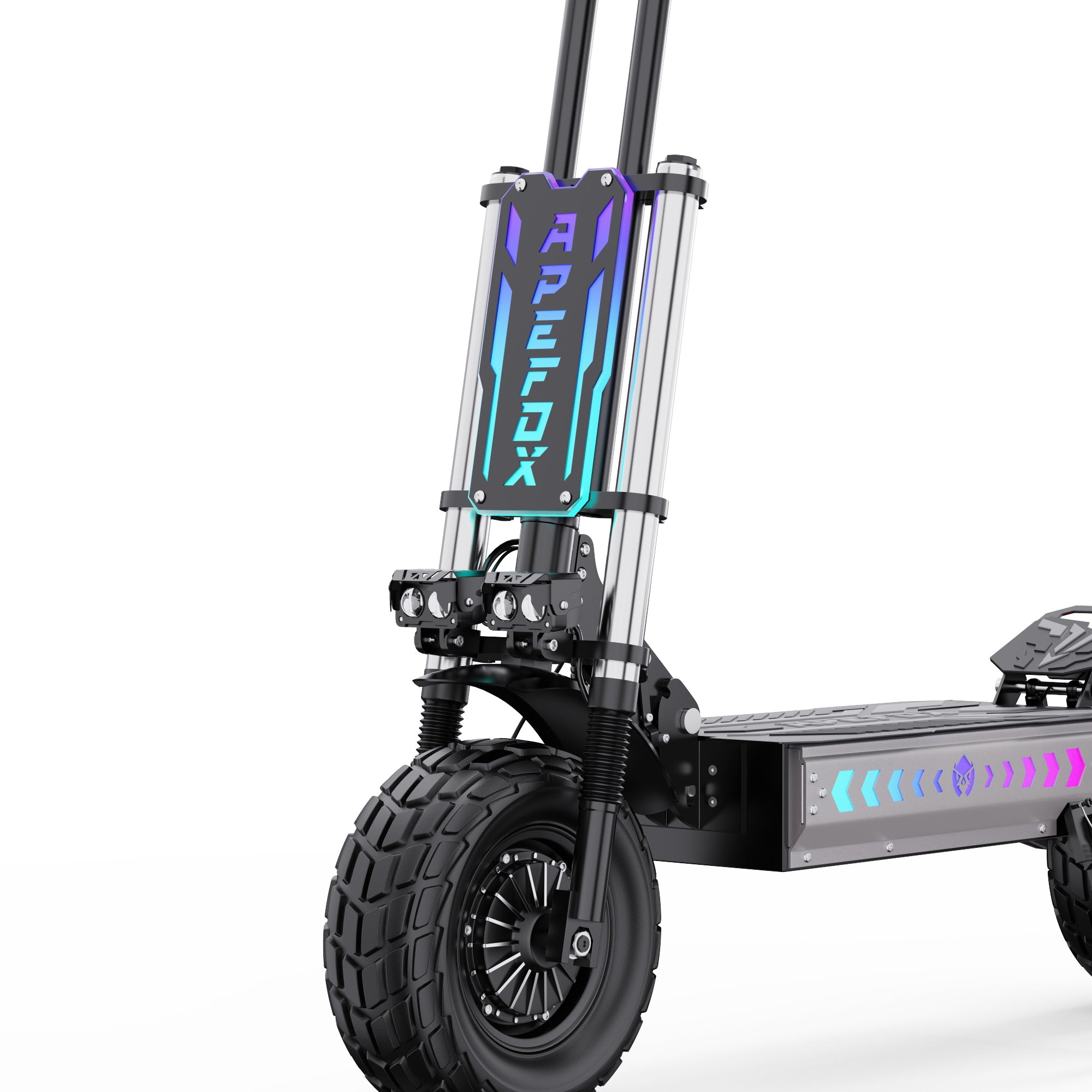 APEFOX T90 Dual Drive Electric Scooter with 'Apefox' branding in front wheel on a white background