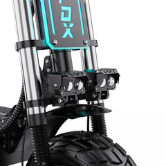 Close-up of a motorcycle suspension system with 'Apefox' branding on a white background
