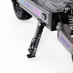 Close-up of a robot leg with spring mechanism on a white background, featuring the Apefox brand - APEFOX T90 Dual Drive Electric Scooter.