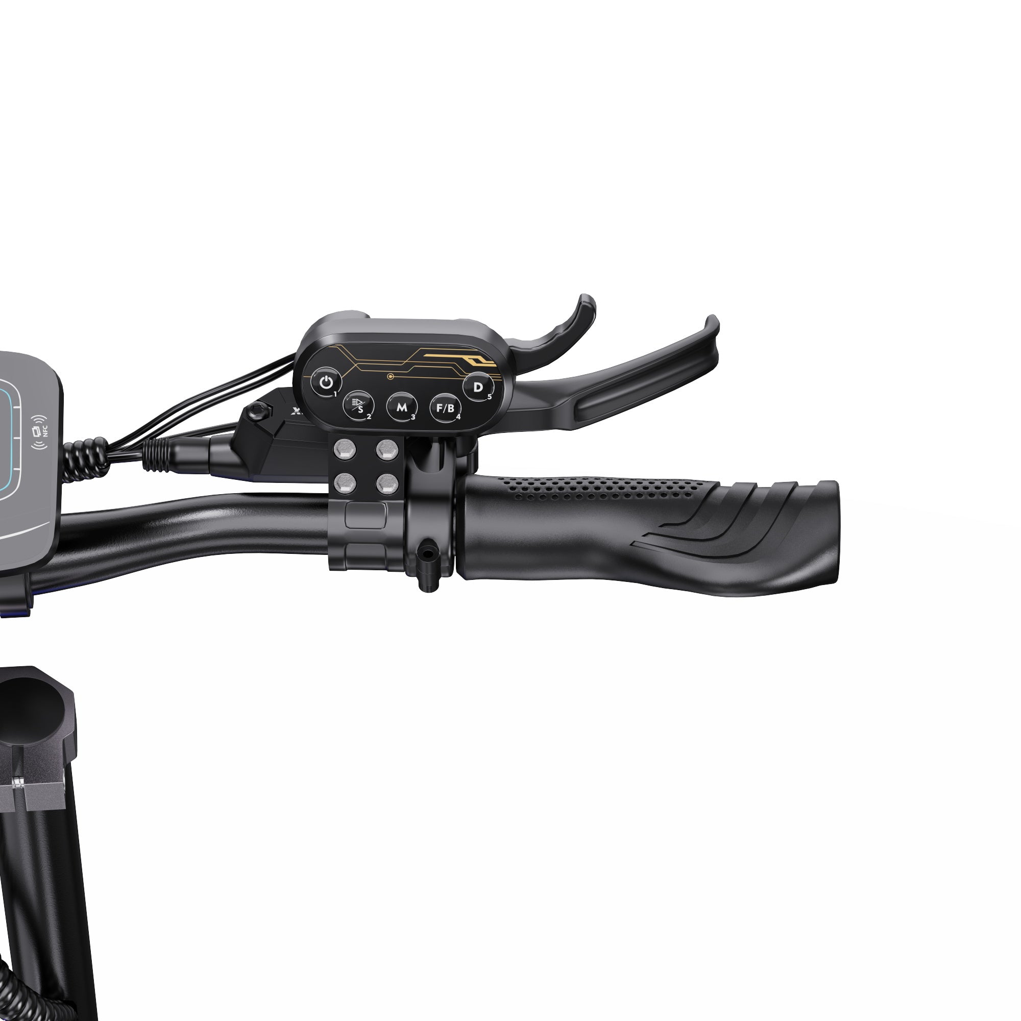 Close-up of a APEFOX T90 Dual Drive Electric bicycle handlebar with control panel on a white background