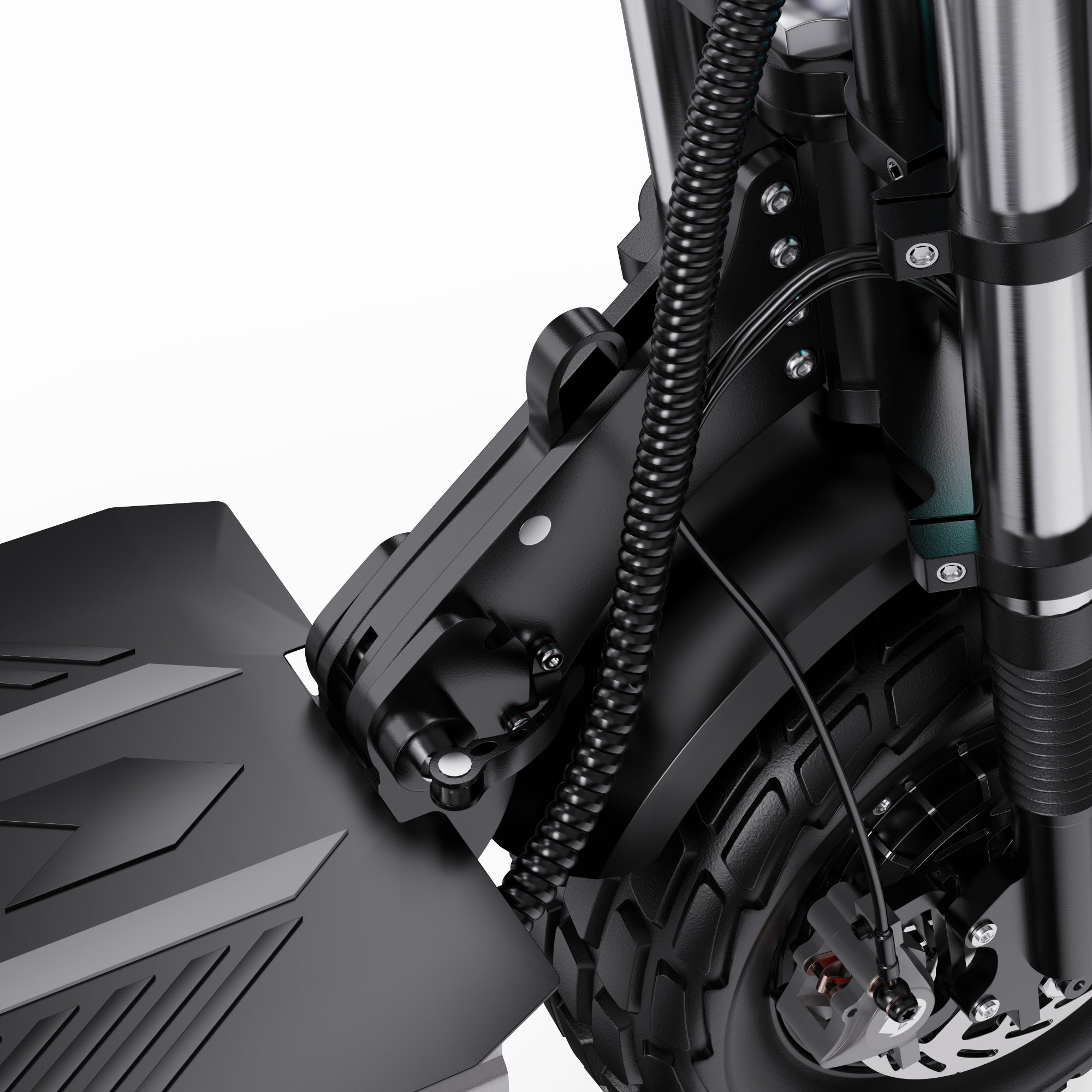 Close-up of a APEFOX T90 Dual Drive motorcycle's front wheel and suspension system on a white background