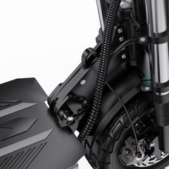 Close-up of a APEFOX T90 Dual Drive motorcycle's front wheel and suspension system on a white background