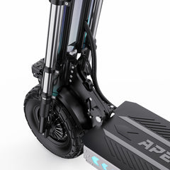 Close-up of a APEFOX T90 Dual Drive Electric Scooter in black with visible branding on a white background