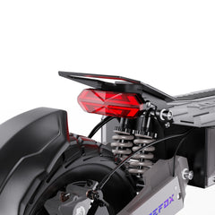 Close-up of a APEFOX T90 Dual Drive Electric motorcycle's rear section with a red taillight and 'Apefox' branding on a white background.
