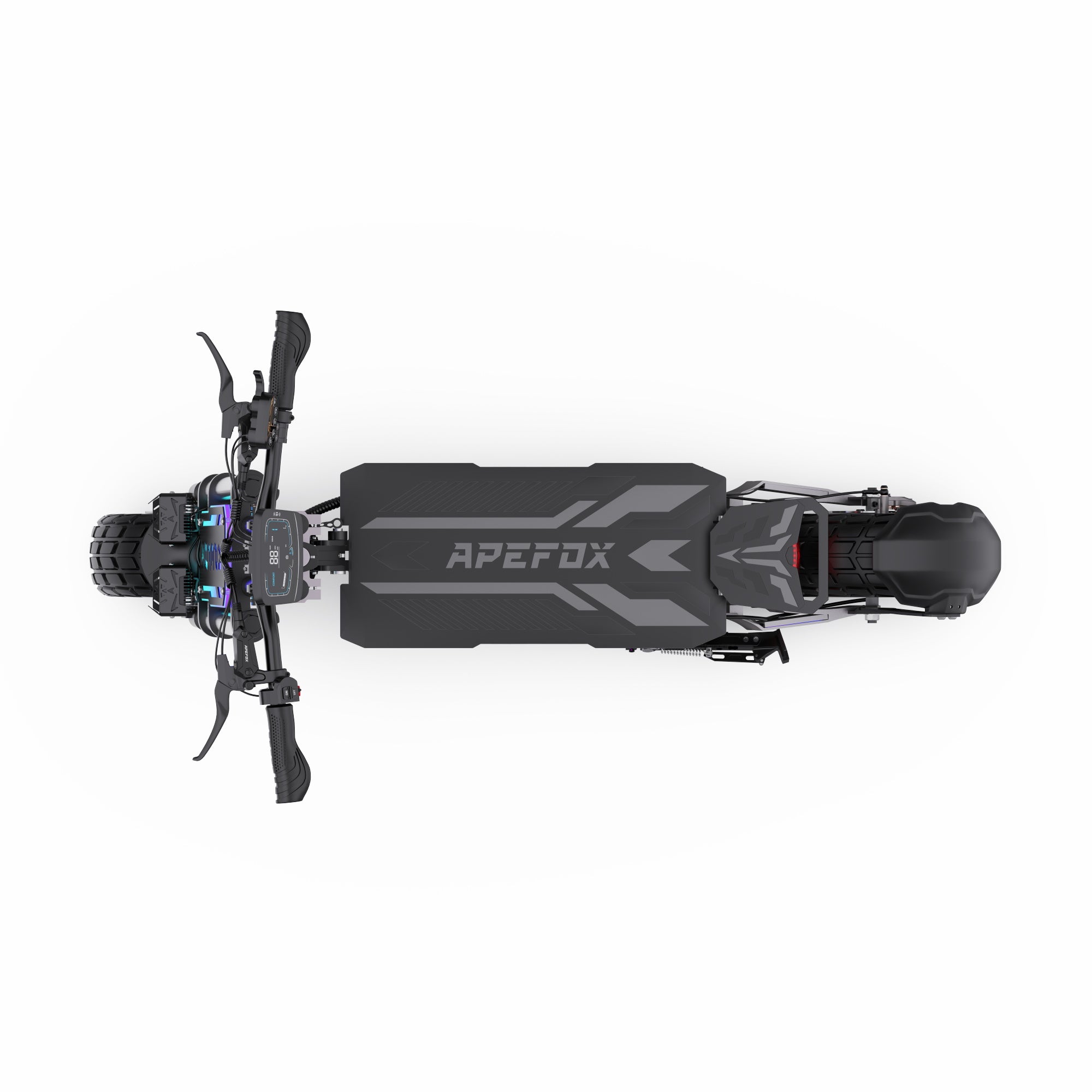 Top-down view of a drone with 'Apefox' branding on a white background for APEFOX T90 Dual Drive Electric Scooter