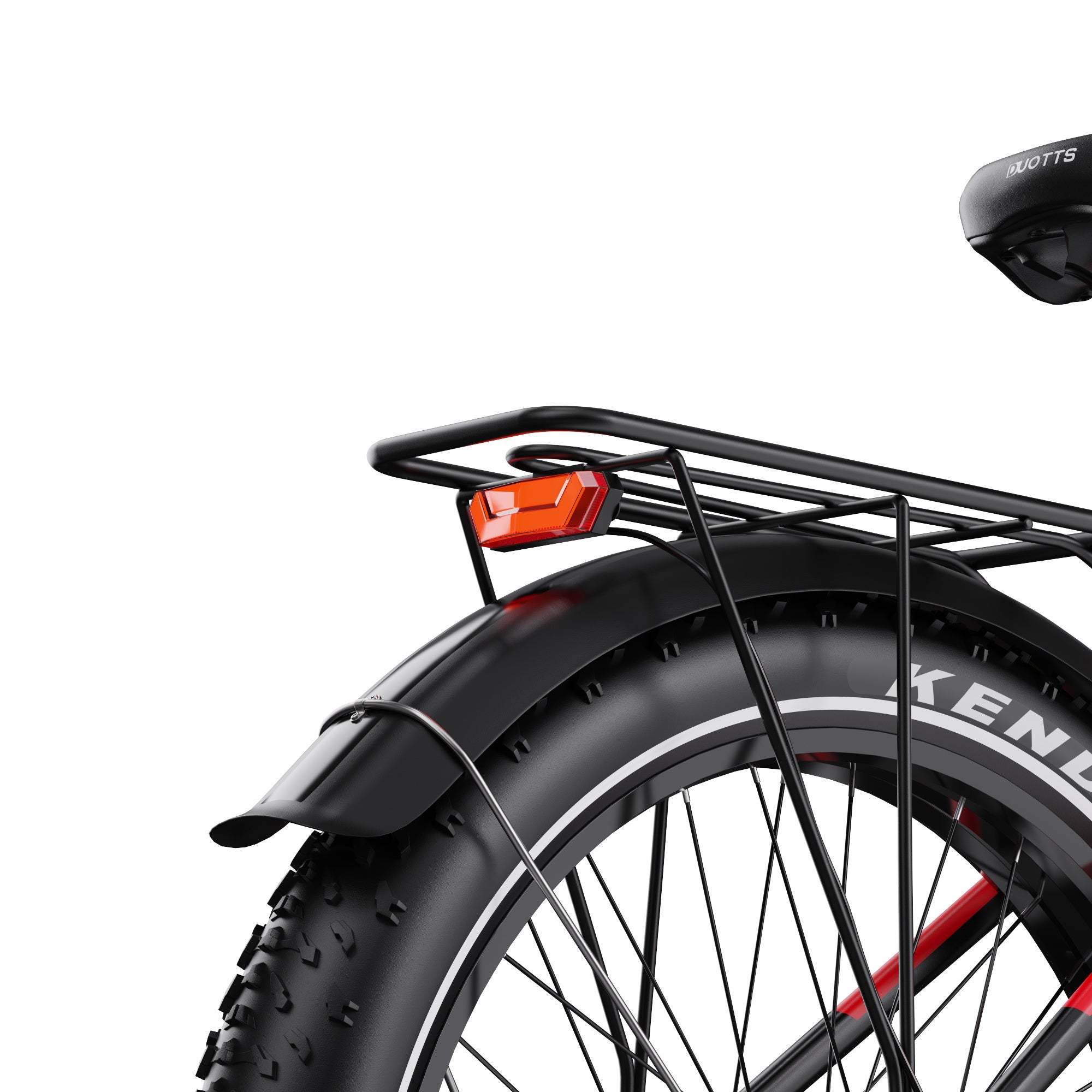 Close-up of a DUOTTS F26 Lite Electric bicycle wheel with a rear rack and reflector on a white background