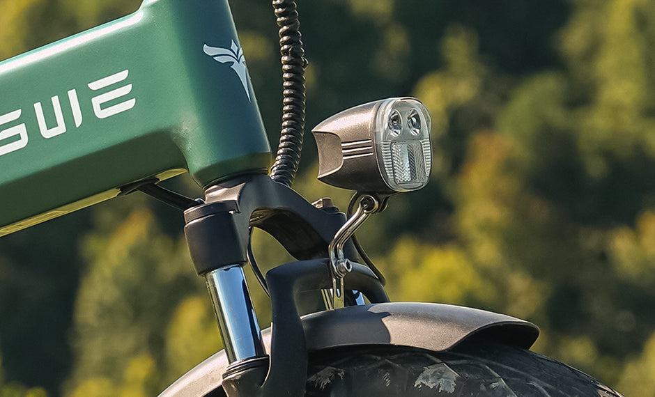 Close-up of a green and black Engwe EP-2 3.0 Boost Electric Bike with a light on a blurred natural background