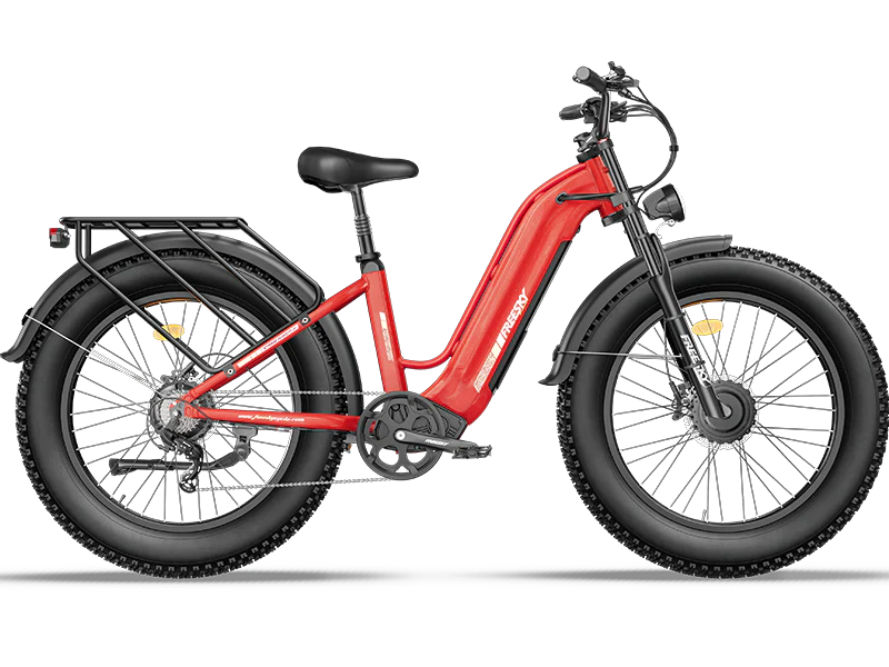 Freesky Ranger M-540 Dual-Motor Step-Thru Ebike in Red on a white background