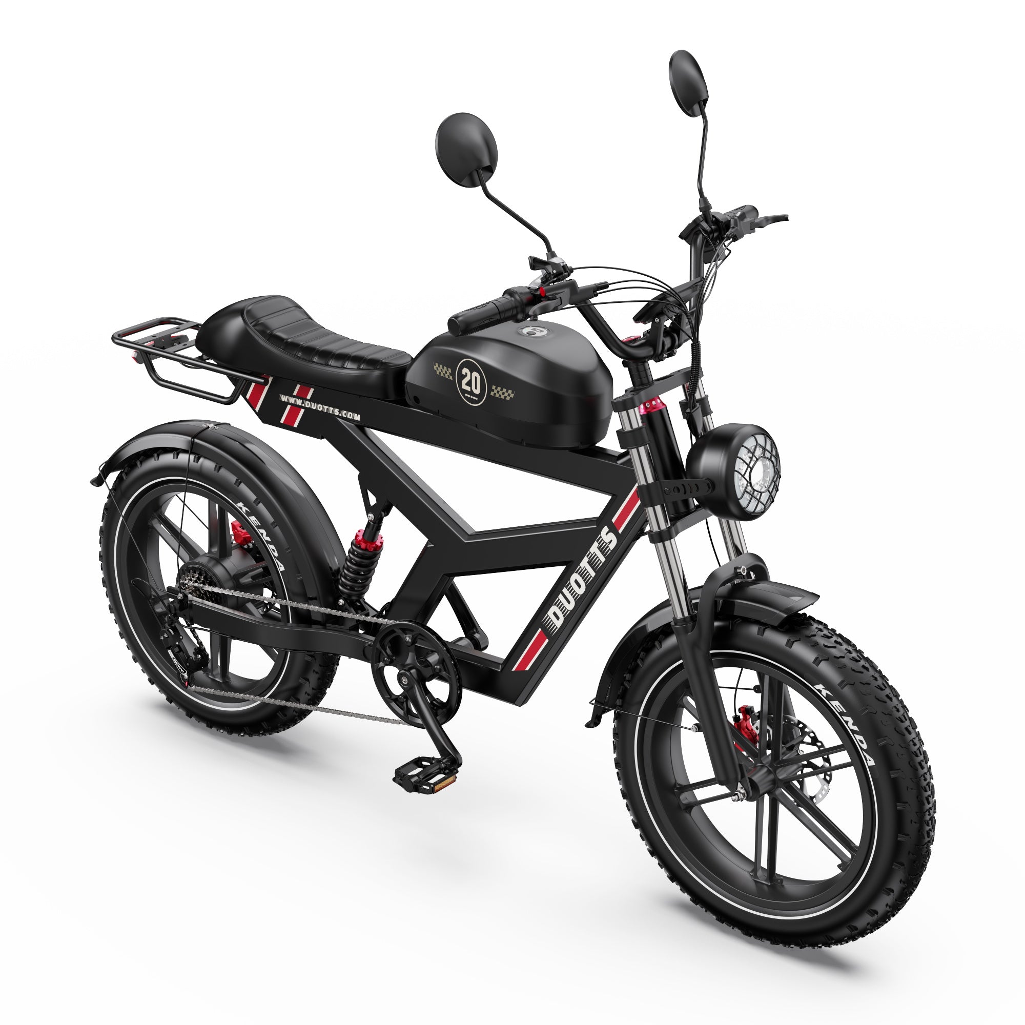 Headlight view of DUOTTS F20 Upgraded Electric Bike with red accents on a white background