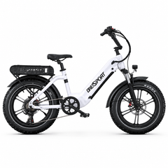 A white and black ONESPORT OT08 electric fat tire bike with a rear cargo basket, shown from a side profile on a clean white background.