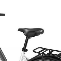 Bicycle seat with black seat post and rear rack on a white background
