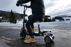 Person riding a scooter on a snowy landscape with trees and mountains in the background