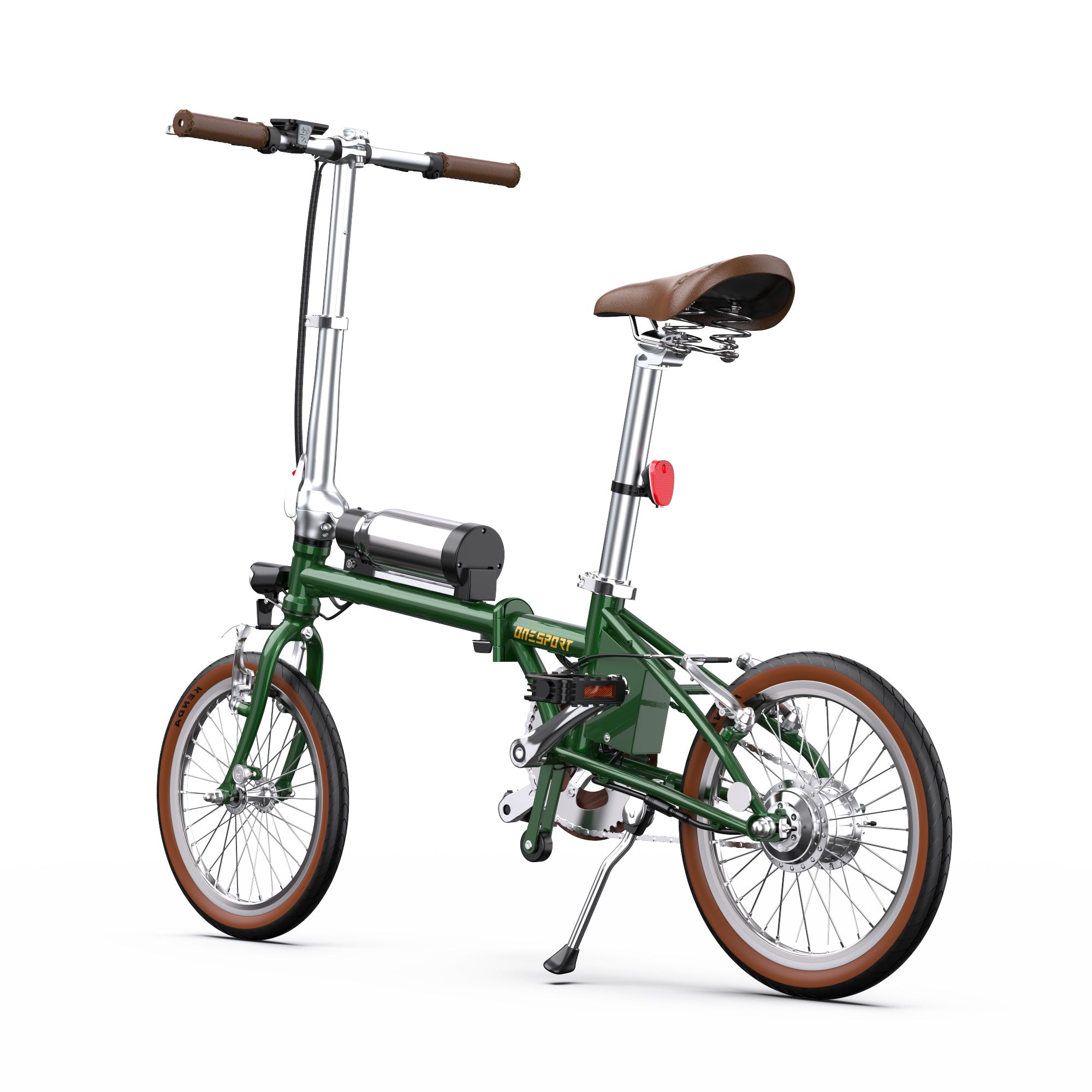 Green OneSport OT02 Compact Folding Electric Bike on a white background