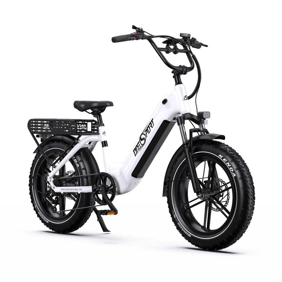 Onesport OT08 electric bike in white with black accents on a white background