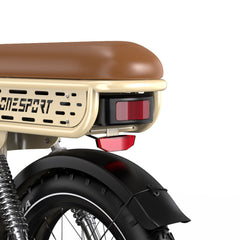 Close-up of a motorcycle seat and rear lights with 'Onesport' branding on a white background.