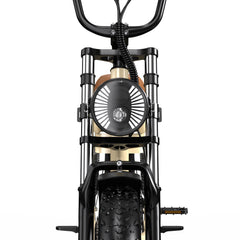 Close-up of a black and gold Onesport W77 Electric Bike engine on a white background