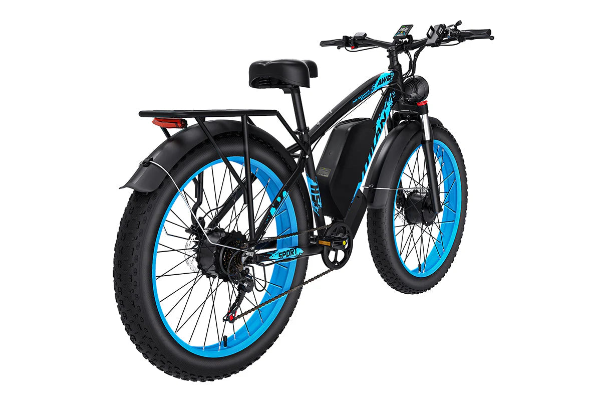 Back view of Vitilan H5 Dual Motor Electric Bike with blue rims on a white background