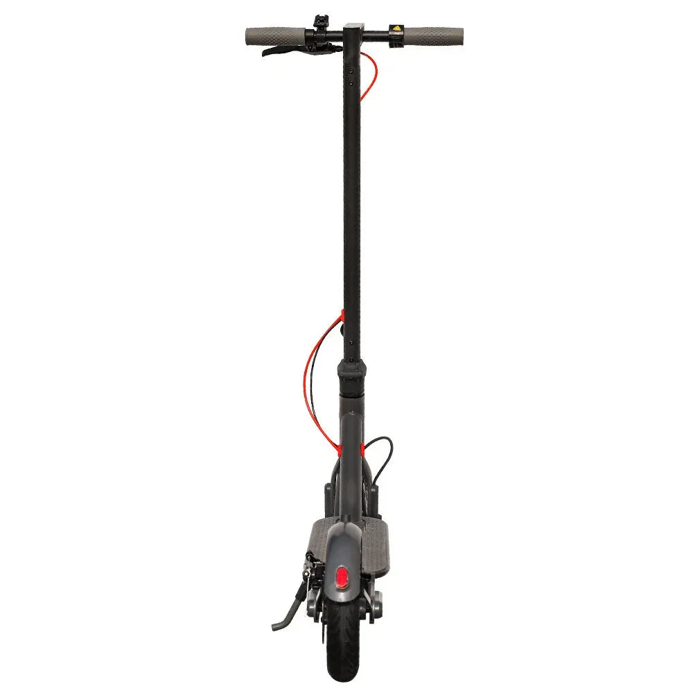 Black electric scooter rear view showing handlebar grips and red brake cable