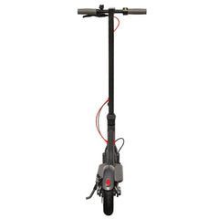 Black electric scooter rear view showing handlebar grips and red brake cable