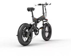 Bezior XF200 electric bike in black, rear side view with fat tires and folding frame