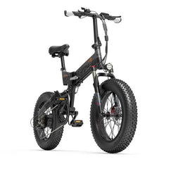 Bezior XF200 electric bike in black, side angle view with fat tires and front suspension