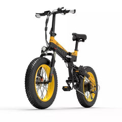 Bezior XF200 electric bike in black and yellow, side angle view with fat tires