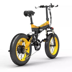 Bezior XF200 electric bike yellow and black, side rear view with fat tires