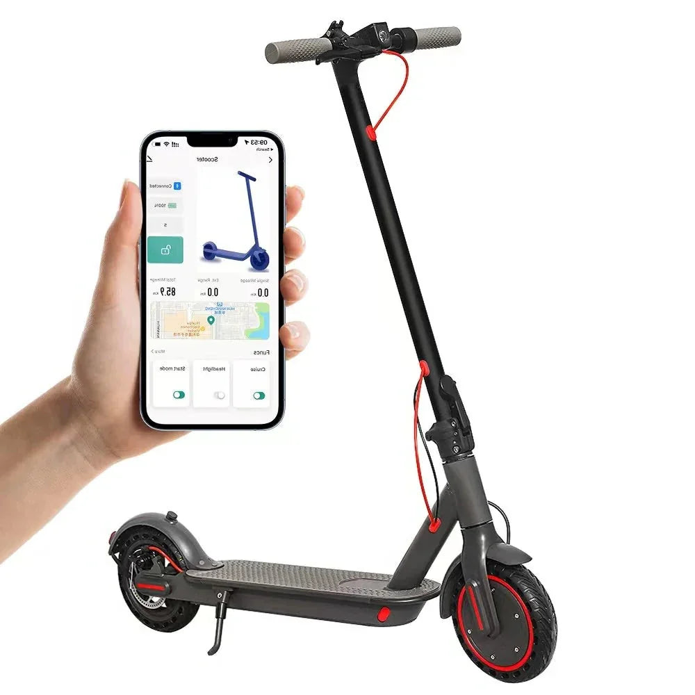 Black electric scooter side view with smartphone showing scooter app interface