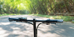 Electric bike handlebar with display, black grips, front view on a forest road