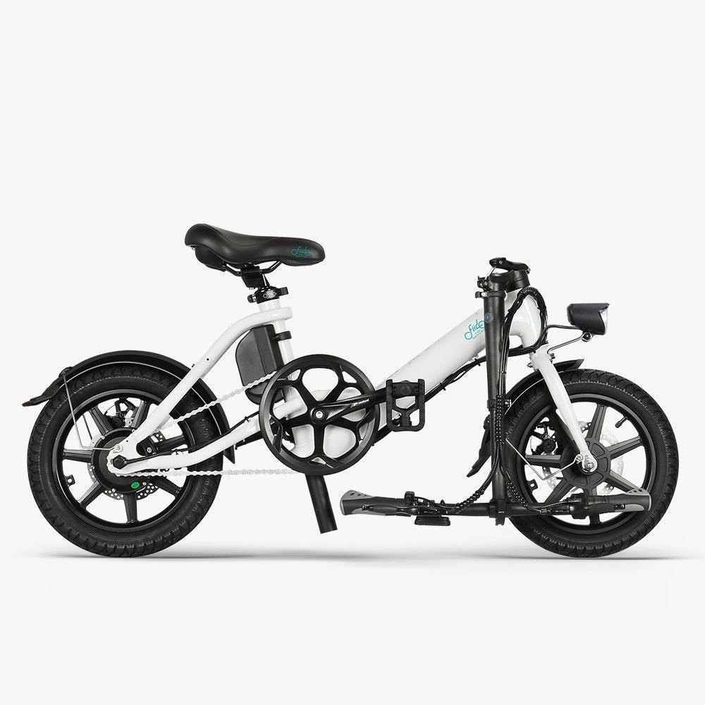 Fiido D3 Pro electric bike in white, side view, folded with mudguards and front light