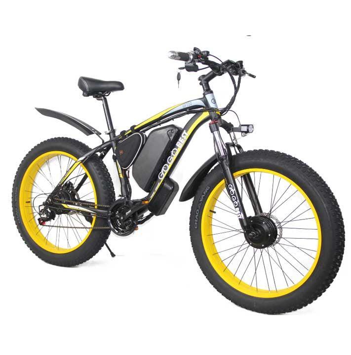 Gogobest GF700 electric mountain bike black with yellow wheels, side view