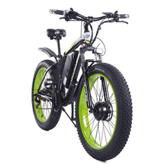 Gogobest GF700 electric mountain bike black frame with green rims, side rear view