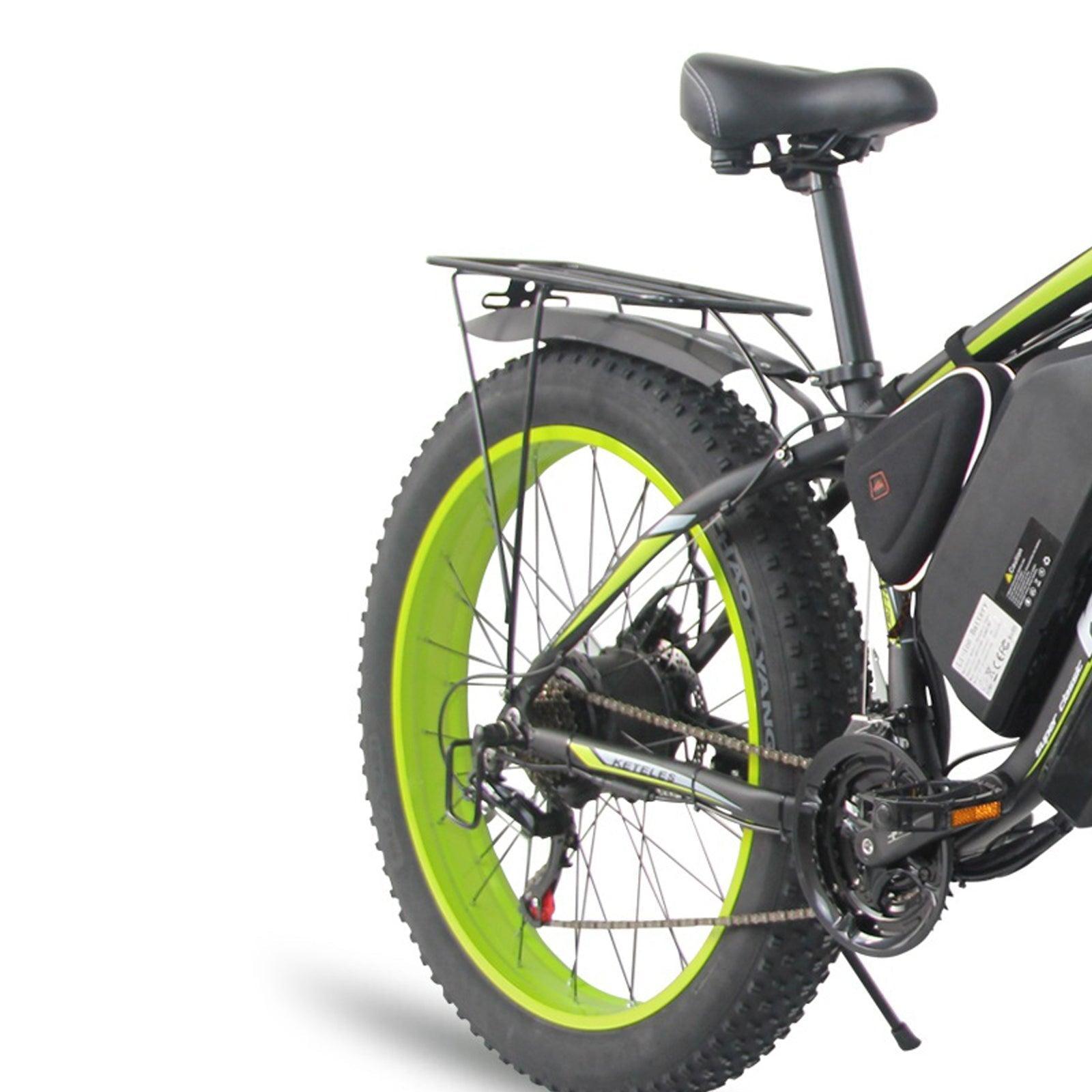 Gogobest GF700 electric mountain bike rear wheel and frame in black and neon green, side view