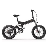 Black folding electric bike side view with fat tires and front suspension