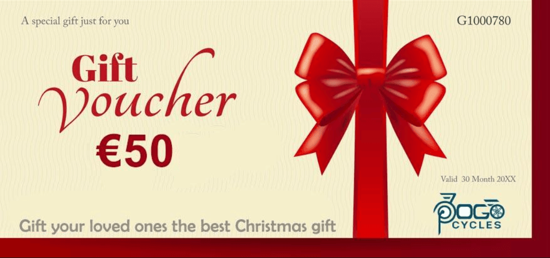 Christmas-themed €50 electric bike store gift voucher with red bow and festive design