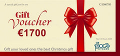 Pogo Cycles Christmas gift voucher card with red ribbon and €1700 value