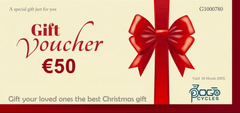 Christmas-themed €50 electric bike store gift voucher with red bow and festive design