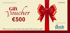 Pogo Cycles €500 gift voucher with red bow, Christmas theme, front view